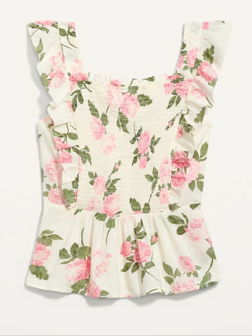 Old Navy cream floral rose print smocked bust ruffled flutter sleeve blouse - Picture 9 of 9